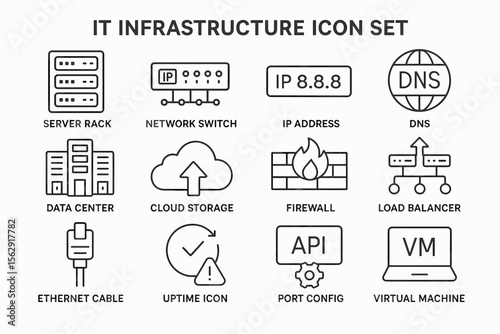 Comprehensive it infrastructure icon set with server, network, and cloud elements