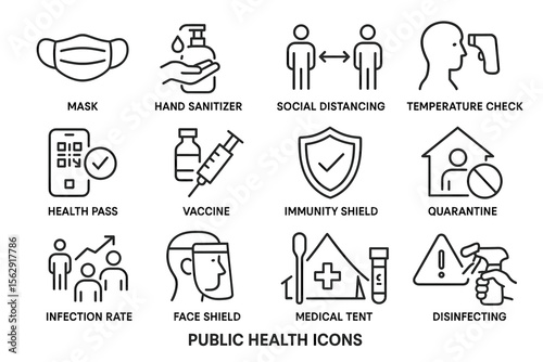 Public health icons: mask, hand sanitizer, social distancing, temperature check, vaccine