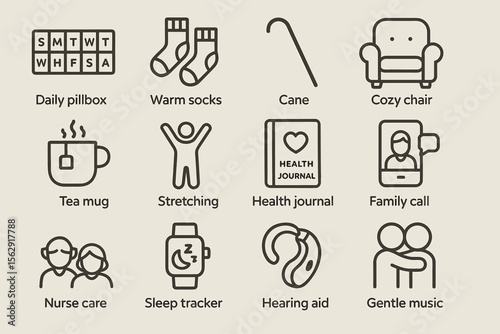 Elderly care essentials: comfort, health, and communication icons for seniors
