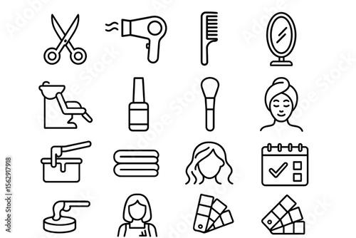 Hair and beauty icons set featuring salon tools and accessories