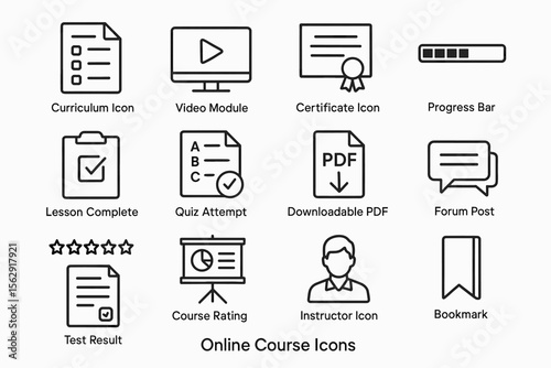 Online course icons: curriculum, video, certificate, and quiz symbols