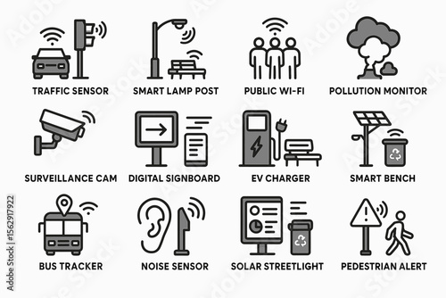 Smart city technology icons collection highlighting urban innovations