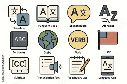 Language learning icons collection: translation, dictionary, globe, and more tools