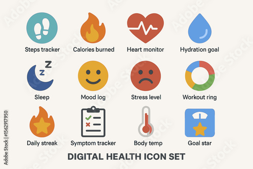 Digital health icon set featuring fitness and wellness symbols