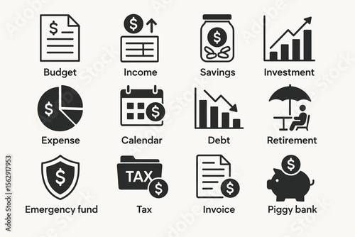 Financial management icons: budget, income, savings, investment, and more