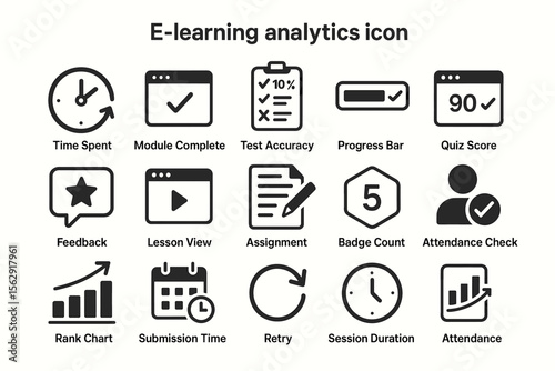 E-learning analytics icons: time, module, test, progress, quiz elements in black and white