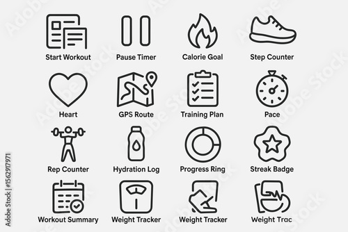Fitness icon set featuring workout, health, tracking, and performance symbols