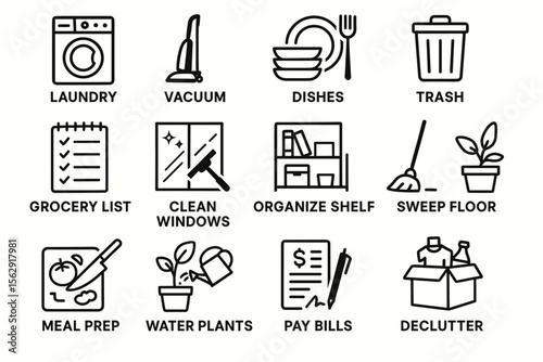 Household chores icon set: laundry, vacuum, dishes, trash, organize, declutter