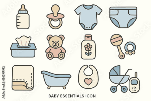 Baby essentials icons: bottle, pacifier, onesie, diaper, tissues, teddy bear, lotion, rattle