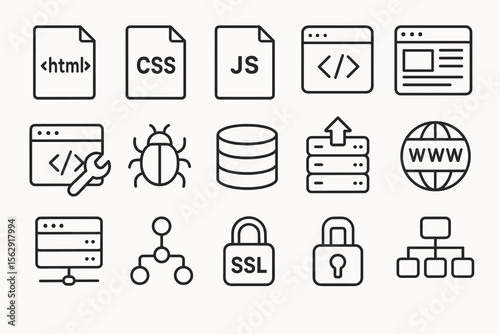 Web development icons: html, css, js, database, security, networking