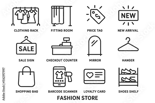 Fashion store icons: sale sign, price tag, shopping bag, loyalty card, new arrival