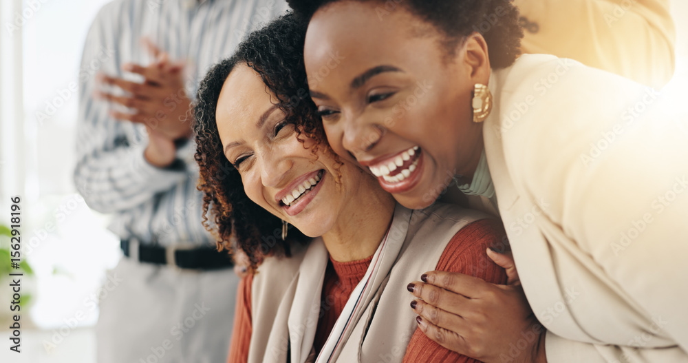 Fototapeta premium Celebration, hug and smile with business people in office together for motivation or support. Achievement, applause and success with happy employee team in workplace for bonus, goals or target