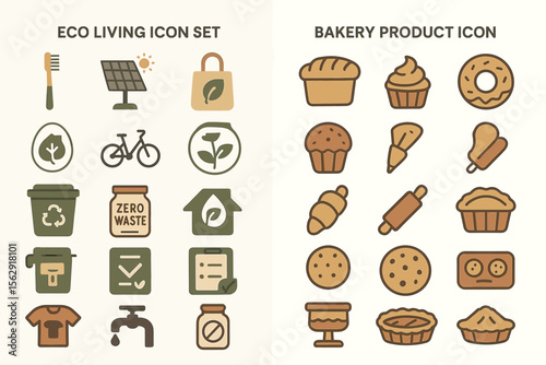 Eco living and bakery product icon set displaying sustainability and sweets