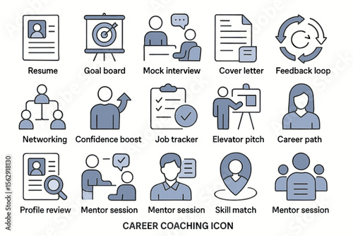 Career coaching icons collection featuring mentoring, feedback, and goal setting illustrations