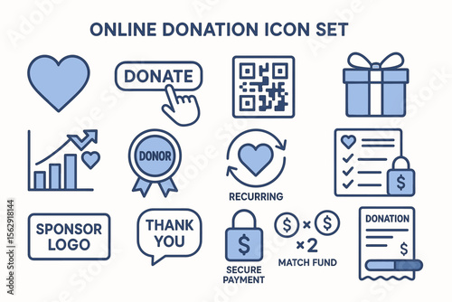 Online donation icon set: heart, qr code, gift, secure payment, recurring