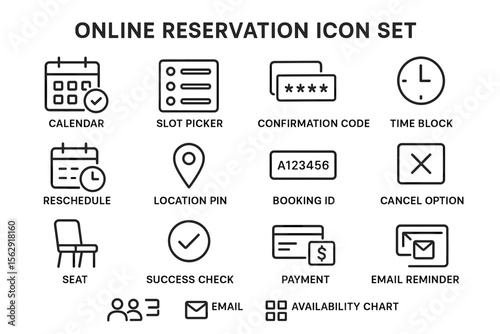 Online reservation icon set: calendar, slot picker, confirmation code, time block, reschedule