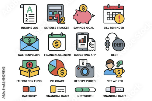 Financial management icons set: budgeting, savings, and expense tracking tools