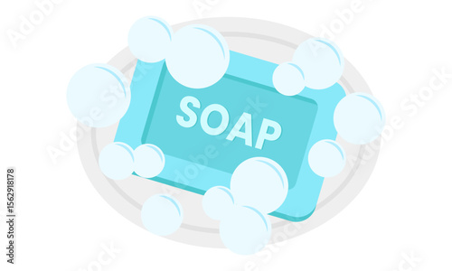 blue soap with foam in the coaster and bubbles hygiene cute flat illustration