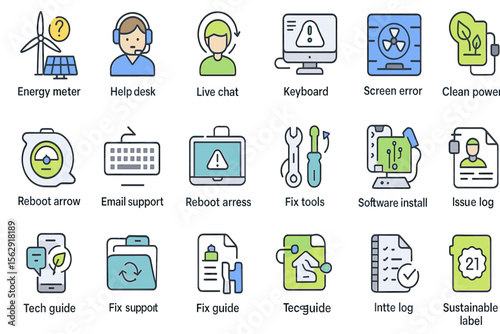 Technology icons: energy, support, software, and maintenance solutions