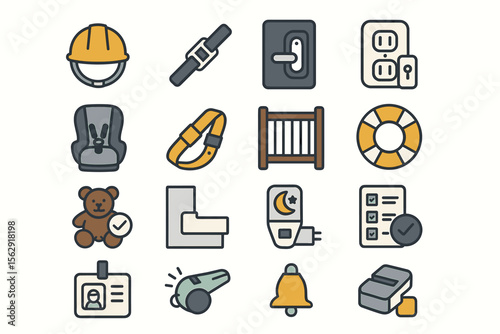 Child safety icons: helmet, seatbelt, door lock, outlet cover, car seat, safety gate, teddy bear, whistle