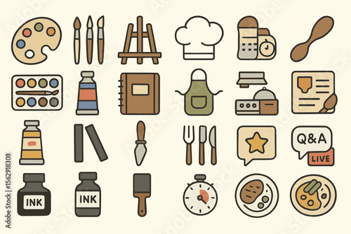 Art and cooking tools icons collection featuring palette, chef hat, and cutlery