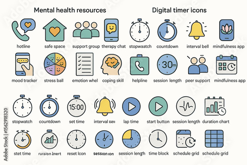 Mental health resources and digital timer icons collection