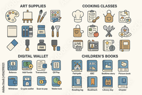 Colorful icons for art supplies, cooking classes, digital wallets, and children's books
