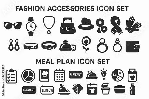 Fashion and meal plan icon set featuring accessories, apparel, and nutritional symbols
