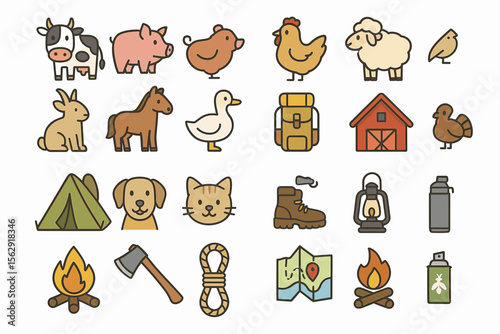 Colorful farm and camping icons collection