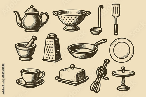 Vintage kitchen utensils collection: teapot, colander, ladle, spatula, mortar, grater, pan, plate