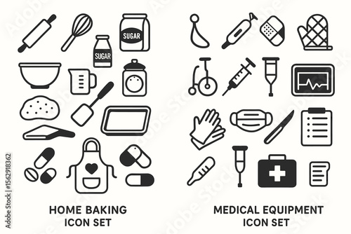 Home baking and medical equipment icon set: kitchen tools and healthcare symbols