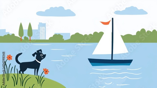 Happy dog by the water with a sailboat.