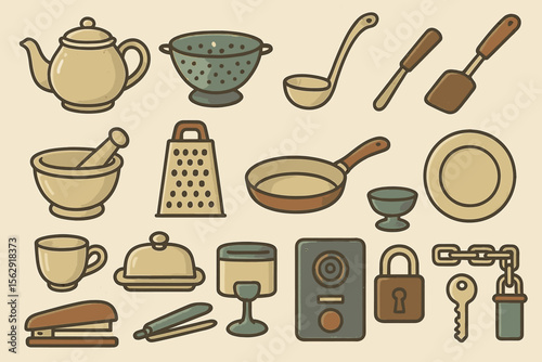 Vintage-style kitchen utensils and tableware on beige background