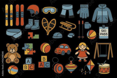 Winter and playtime icons: toys, sports gear, and kids' accessories collection