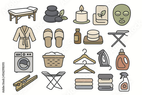 Spa and laundry icon set: massage, skincare, relaxation essentials illustrated
