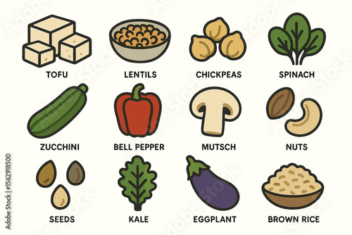 Various illustrated plant-based proteins and vegetables: tofu, lentils, chickpeas, spinach, and more
