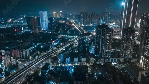 Shenzhen city nightscape aerial timelapse featuring cyberpunk aesthetic and black ice tint during nighttime exploration