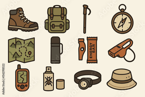 Essential hiking gear icons including backpack, compass, boots, and map