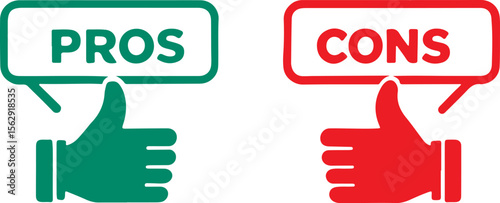 Pros and Cons Thumbs Up Icons: Green for Pros, Red for Cons, Vector Illustration for Decision Making, Comparison, and Evaluation