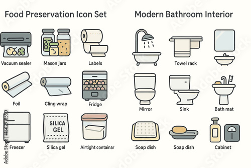 Food preservation and modern bathroom icon set with various household items