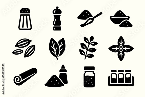 Spice icons set: salt, pepper, herbs, cinnamon, cocoa, condiments