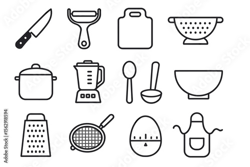 Collection of essential kitchen tools and utensils in black line art design