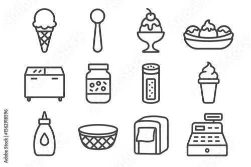 Ice cream and dessert line icons featuring cones, sundaes, and toppings