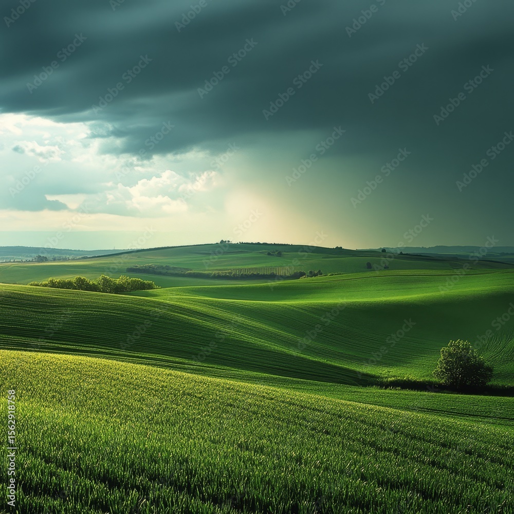 Obraz premium Dramatic, rolling hills, vibrant green fields, dramatic sky, impending storm.
