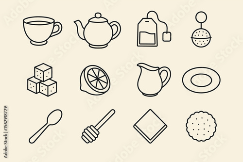 Tea set icons: cup, teapot, infuser, lemon, sugar, spoon, honey, napkin, cookie