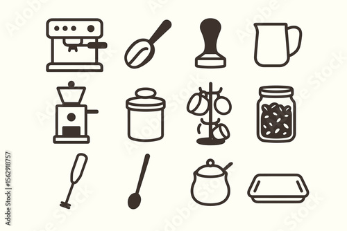 Set of coffee equipment icons including grinder, tamper, and milk jug