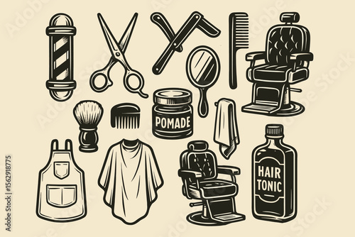 Vintage barber shop tools and equipment illustration with chair, scissors, and hair tonic