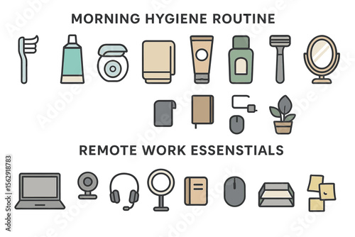 Morning hygiene and remote work essentials illustration with various items