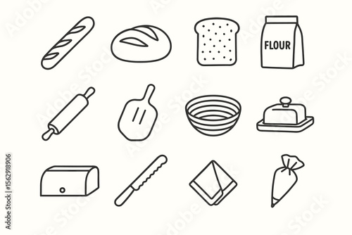 Bread and baking icons set: baguette, loaf, flour, rolling pin, bowl, butter dish