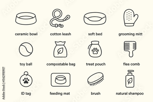 Pet accessories collection: ceramic bowl, cotton leash, soft bed, grooming mitt, toy ball